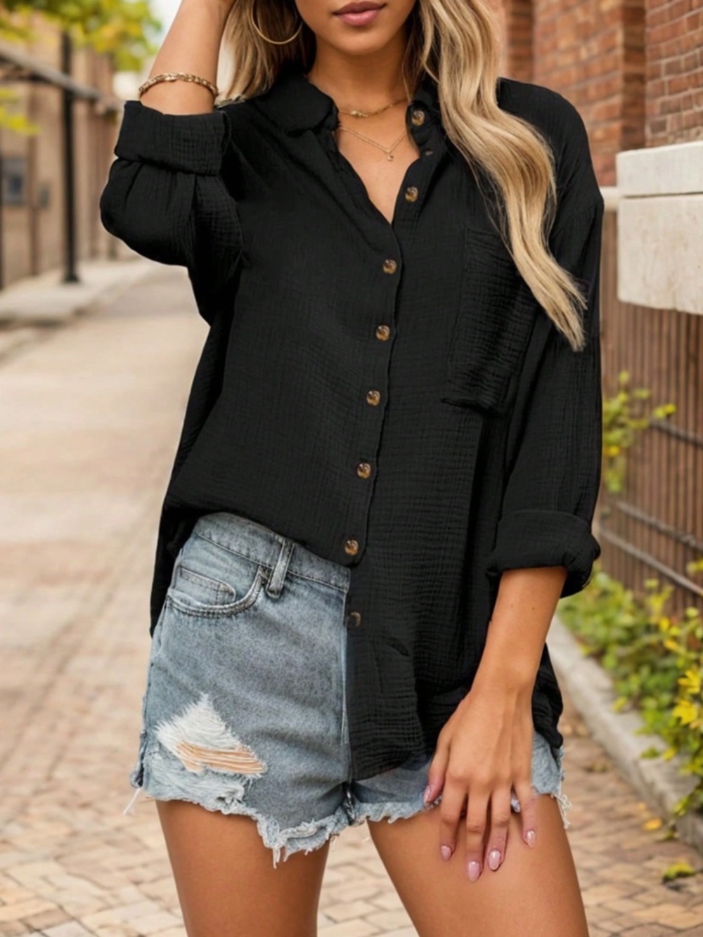 Cotton Black Casual Shirt Button Down Up Long Sleeve